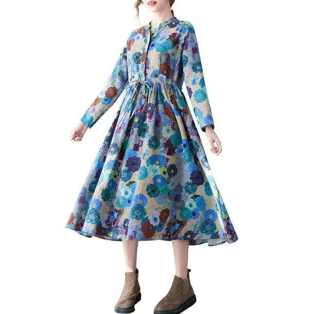 Vestido, Vestido suelto de mujer con bolsillo Estampado floral Manga larga Cintura con cordón Vestid Meterk Azul/Grande