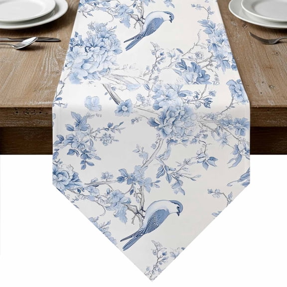 Blue White Flowers Table Runner Linen Burlap Table Runner 108 Inches Long Spring Summer Floral Botanical Dresser Scarves for Kitchen Island Coffee Dining Party Wedding Banquet Holiday Decor 13"x108"