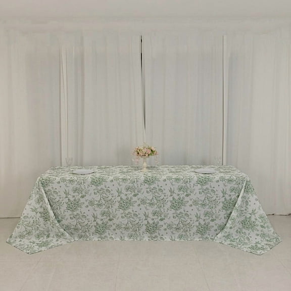 BalsaCircle 90x156 inch White with Dusty Sage Green French Toile Polyester Round Vintage Square Pastoral Floral Rustic Table Cloth Washable Table Cover