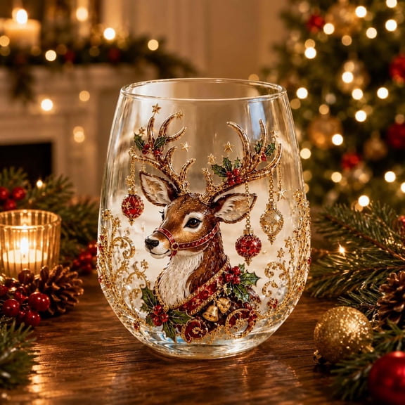 3D Christmas Glass Art Cup Collection | Christmas Glassware Art Stemless Wine Glasses, Handcrafted Festive Holiday Glassware for Xmas Party Home Decor Gifts(Christmas Reindeer)
