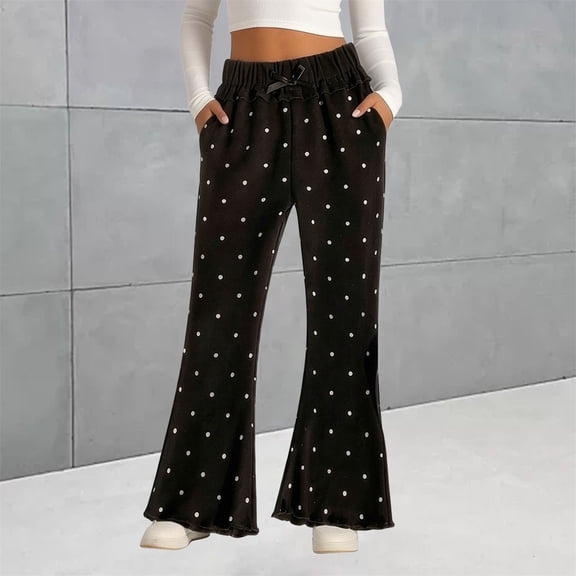 Women High Waist Flare Pants, Elastic Drawstring, Polka Dot Casual Trousers for Streetwear StyleBlack100