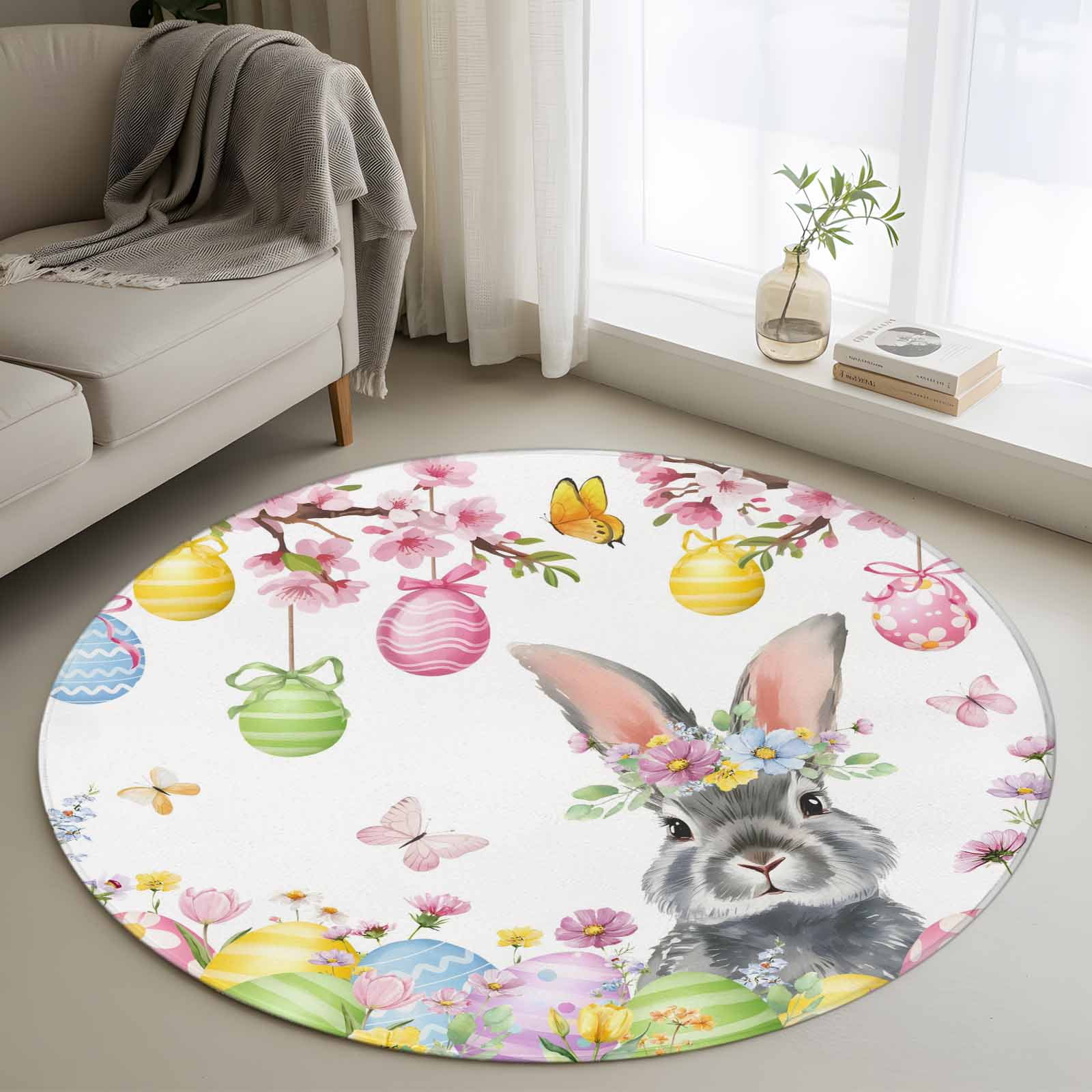 Round Area Rug 4ft Easter Egg Gray Bunny Floral Non-Shedding Washable Area Rug Country Wildflower Branches Non Slip Low-Profile Circle Rugs for Living Room Bedroom Dining Room