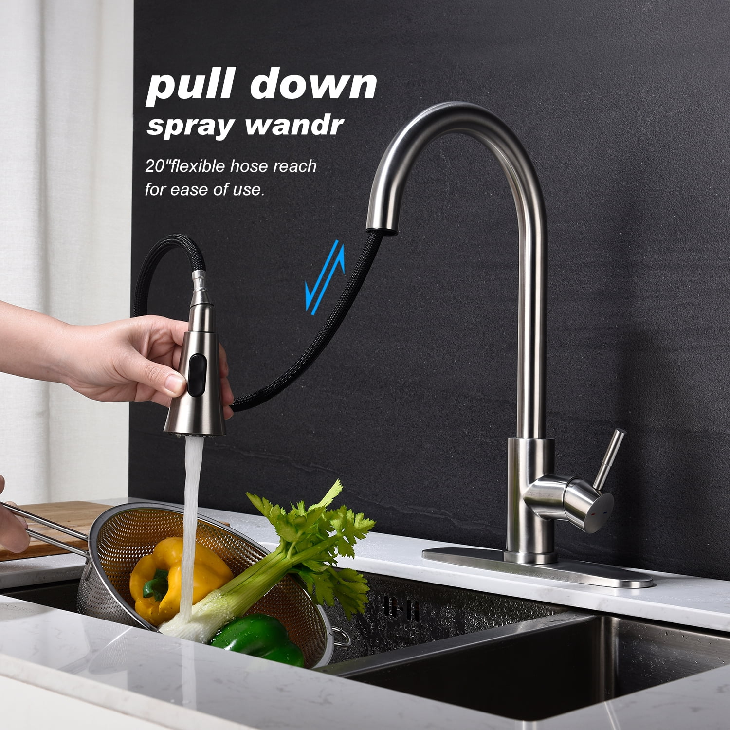 Izzovium Kitchen Faucet with Pull Out Sprayer, 20.5in High Arc Stainless Steel Faucet, 360° Swivel Spout, Brushed Nickel Finish, Single Handle for Easy Temperature Control