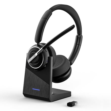 Swiifome Bluetooth Wireless Headset V5.2 with AI Noise Cancellation Microphone, On Ear Headphones with Charging Base and Bluetooth Adapter, for Computer Home Office Call Center Zoom Skype