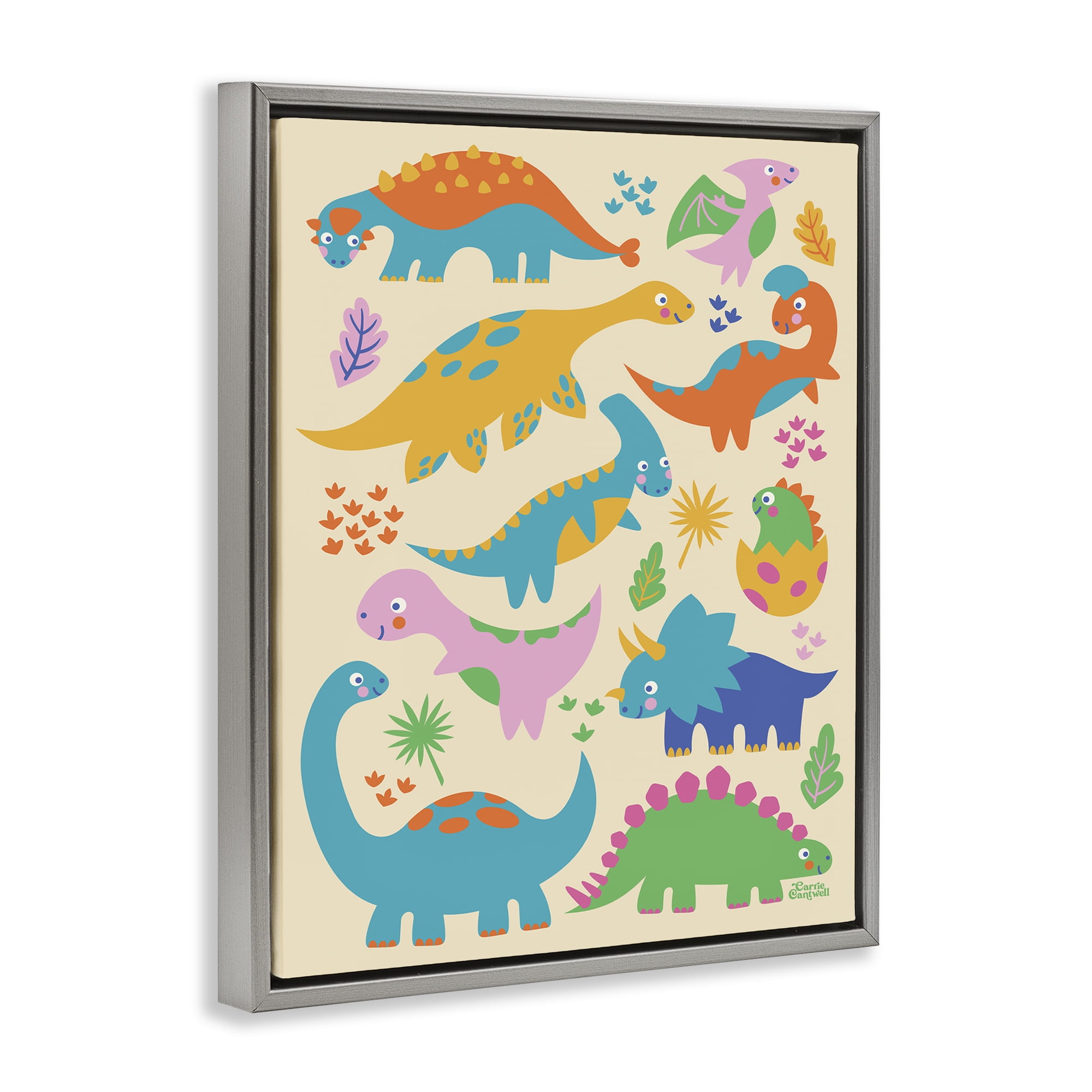 Stupell Industries Cute Whimsy Dinos Animals Painting Gray Floater Framed Canvas Art Print Wall Art, 17 x 21