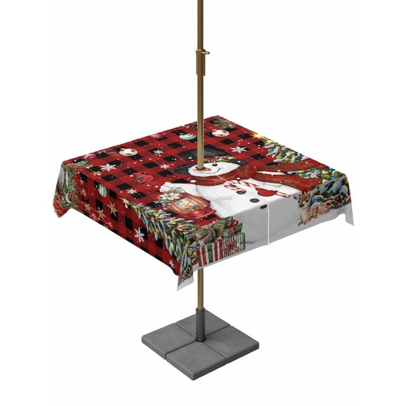 Outdoor Tablecloth with Umbrella Hole and Zipper, Red Plaid Christmas Square Table Cloth 54x54 Inch Waterproof Tablecloth, Snowman Xmas Tree Ball Snowflake Winter Picnic Table Cover for Patio Camping
