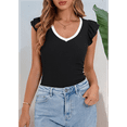 thumbnail image 4 of Womens Summer V Neck Ruffle Sleeveless Slim Fit T-Shirts Black and White L, 4 of 7