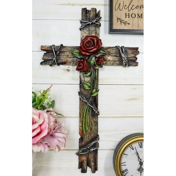 Rustic Western Faux Wooden Valentine Love Red Roses With Barbed Wires Wall Cross