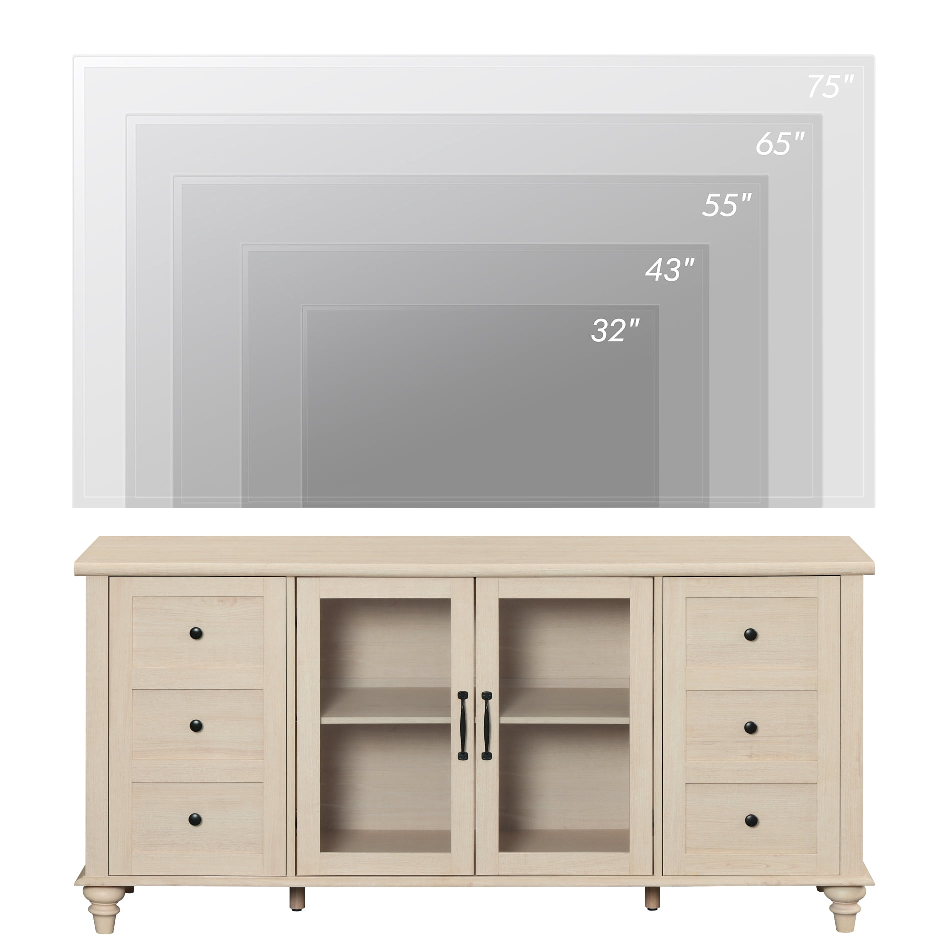 Light Beige Farmhouse TV Stand for TVs Up to 75 inch with Glass Door, Wood Universal TV Console Table with 4 Storage Cabinets, 58''