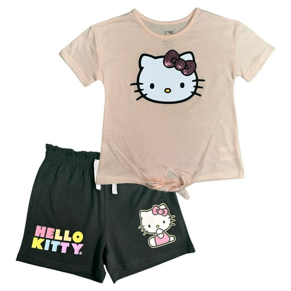 Hello Kitty Girls 2-Piece Fashion Tee Shirt and Active Short Set with Tie Front Top and Fashion Dolphin Shorts Summer Clothes for Little Girls (Peach, 5/6)