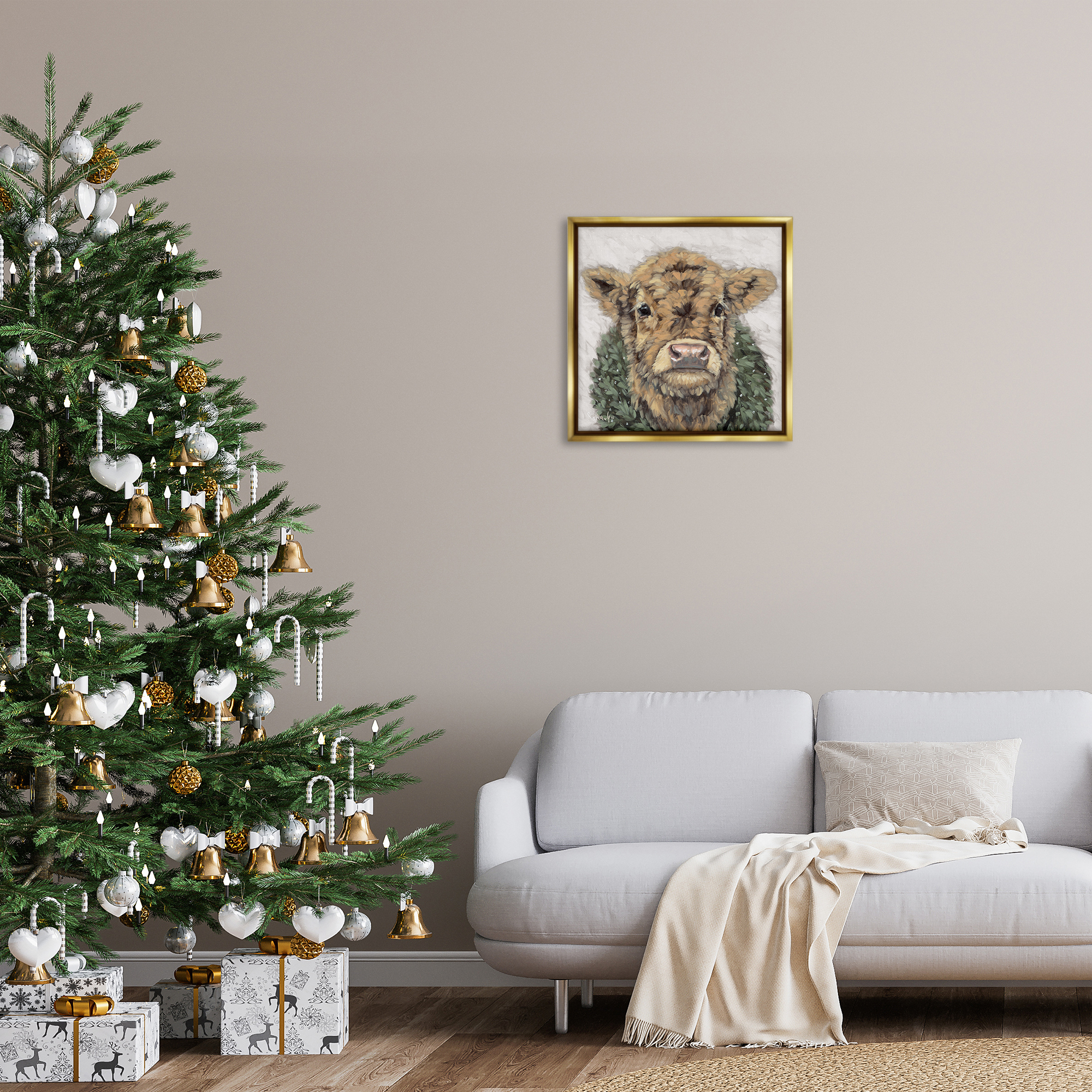 Stupell Industries Calf with Holiday Wreath Holiday Painting Gold Floater Framed Canvas Art Prints Wall Art, 25 x 25