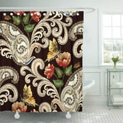 PKNMT Beige Swirls Paisley Festoons Decorated Red and Yellow Poppies Polyester Shower Curtain 60x72 inches