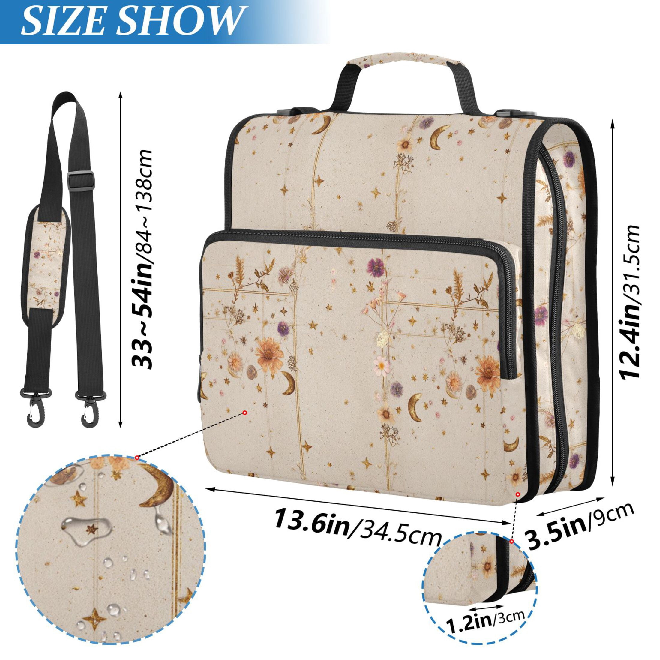 Zipper Binder Retro Texture Flowers Moon 1.5 Inch Binder Folder Bag with Shoulder Strap and Handle