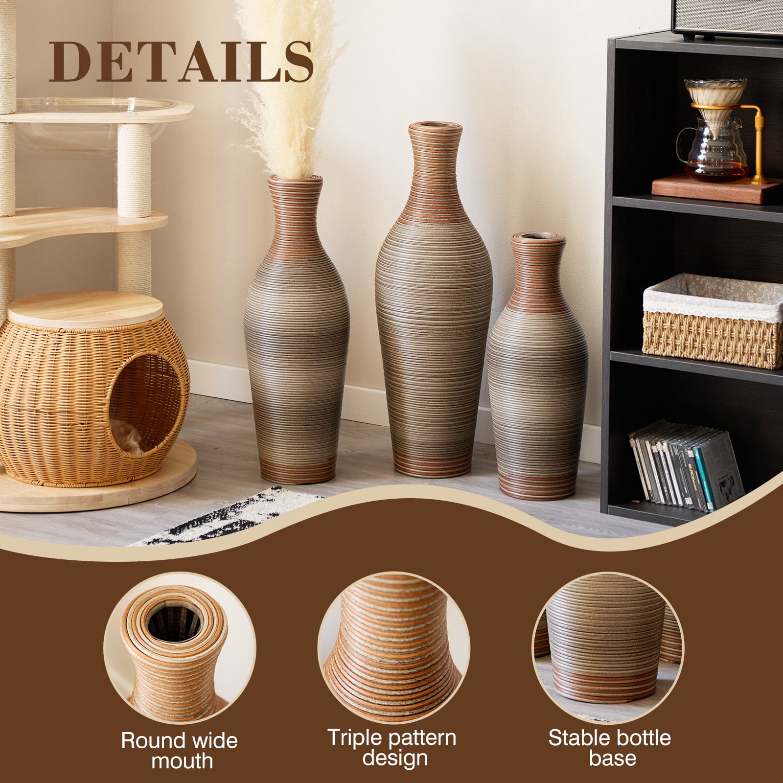 Aukfa Tall Floor Vase Set of 3, Extra Large Metal Decorative Vases for Living Room Dining Room Bedroom,Brown Grey