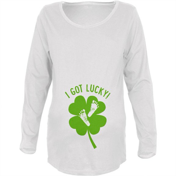 St. Patricks Day I Got Lucky Baby Feet Footprint Maternity Soft Long Sleeve T Shirt White X-LG