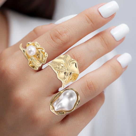 Chunky Gold Rings Set for Women Adjustable Pearl Stackable Ring Open Vintage Statement Jewelry, 3 Pack, Golden Tone