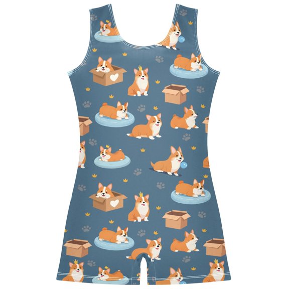 Gymnastics Leotard Sleeveless Corgi Footprint Stretchy Dance Bodysuit Breathable Athletic Ballet Yoga Outfit for Ages 3-14