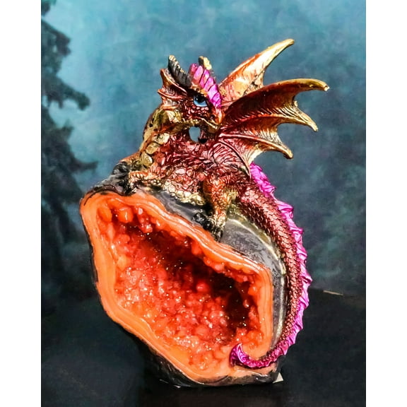 Metallic Red Iridescent Wyrmling Dragon On Faux Geode Crystal Rock Figurine 4"H