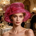 thumbnail image 5 of Women Organza Church Hat Floral Wide Brim Fascinator Derby Hat Wide Brim Sun Hats Wedding Tea Party Derby Occasions Watermelon Red Free Size, 5 of 5