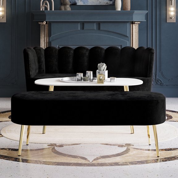 Castle Place Modern Luxury Upholstered Velvet Love Seat with Bench and Coffee Table, Black