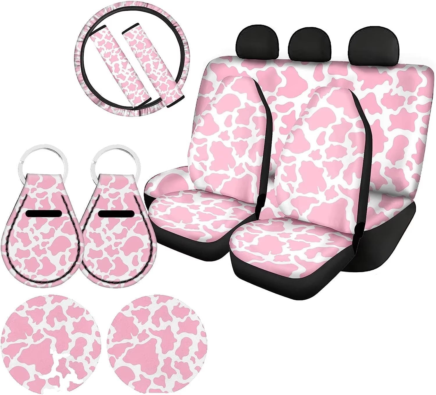 Pzuqiu Cow Print Accessories for Car Seat Covers Full Set 11 Pcs Pink  Steering Wheel Cover Vehicle Cup Coasters Holder Keychain for Women  Automotive Bucket Seat Protector 