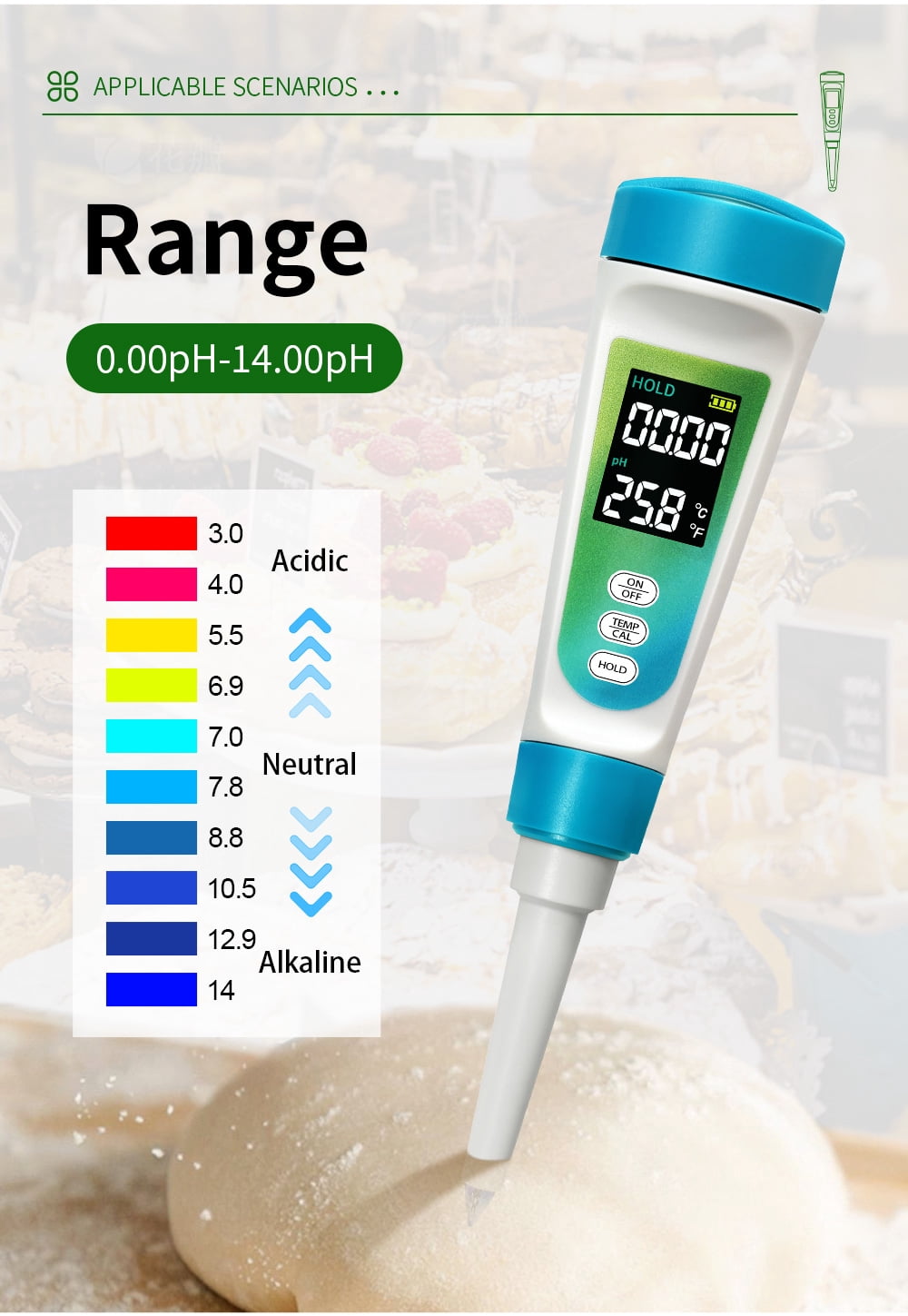 New 2-in-1 food PH Meter & Thermometer, Digital PH test pen for dough cheese meat fruit, high accuracy acidity tester for kitchen food safety