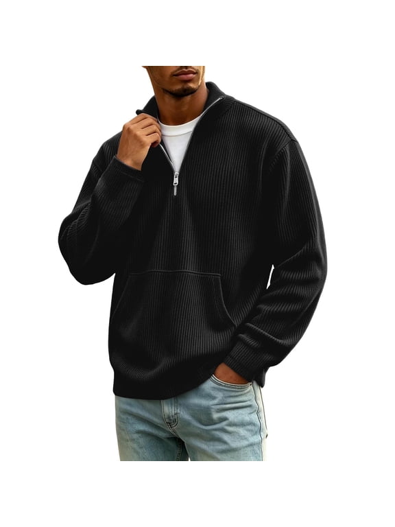 Half Zip Sweaters for Men Stand Collar Ribbed Knit Pullover With Kangaroo Pocket Casual Long Sleeve Sweatshirt
