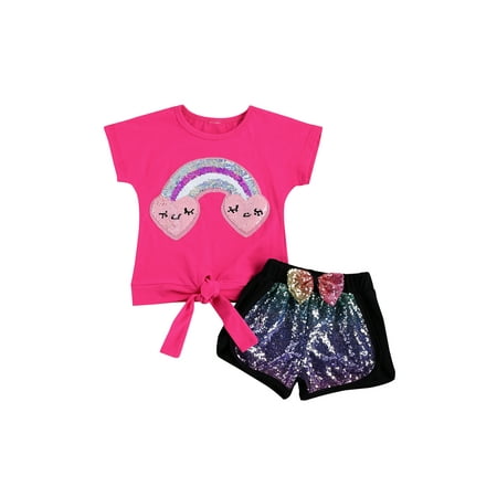 

One opening 2021 Fashion Toddler Kid Baby Girls 2Pcs Clothes Sets Short Sleeve Print T Shirts Tops Sequins Bow Shorts Outfits