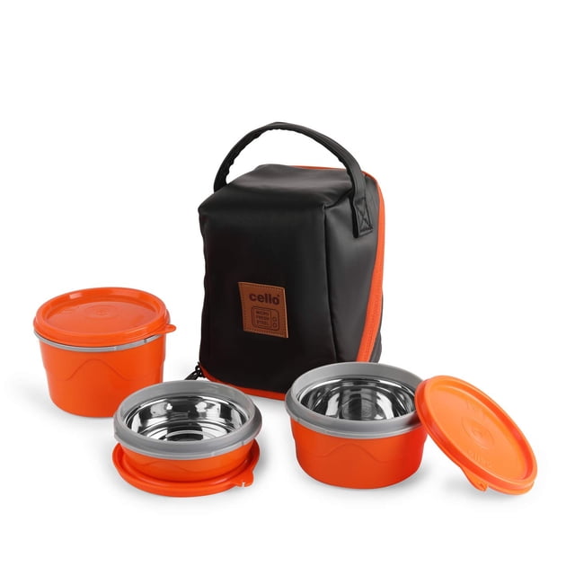 MF Click Lunch Box Set With Bag - Orange, 3 Containers | Tiffin Box Outer Plastic Inner Steel With Bag - Leakproof Lunch Boxes With Jacket | Ideal For Office, School, College
