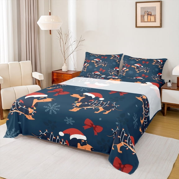 Homewish Kawaii Xmas Dachshund Full Size Sheets for Boy, Princess Ribbon Bow Bed Sheets, Navy Christmas Theme Sheet Sets, Luxury Bedroom Decor, 4 Pieces