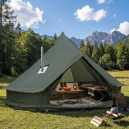 LVUYOYO Luxury Oxford Fabric Bell Tent Yurt Canvas Tent with Stove Jack 4 Person Family 4 Season Camping 3M Green