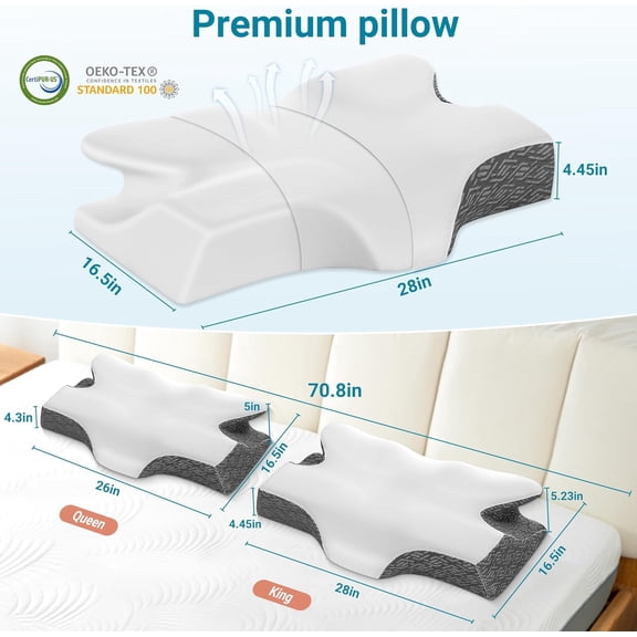 Cervical Neck Pillow for Sleeping, Memory Foam Pillow for Neck Pain Relief, Side Sleeper Cooling Pillows for Adults, Neck Support with Removable Pillowcase for Back & Stomach Sleepers