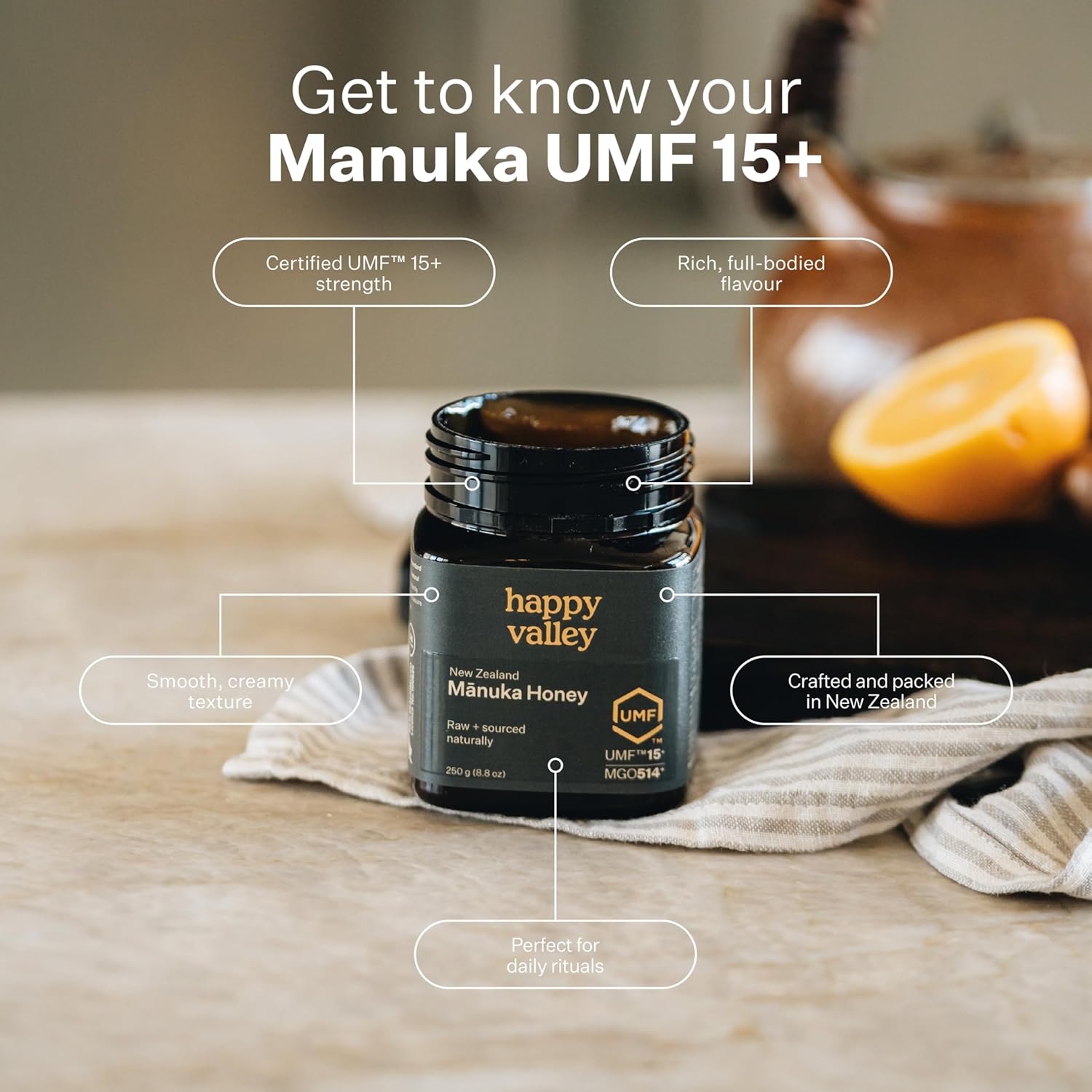 Happy Valley Manuka Honey - UMF 15+ (17.6oz, 500g) - Certified Raw New Zealand Mānuka - UMF 15+, MGO 514+