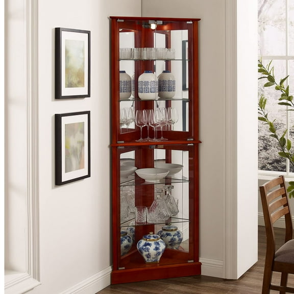 Corner Curio Dispaly Cabinet with Lights, Adjustable Tempered Glass Shelves, Mirrored Back
