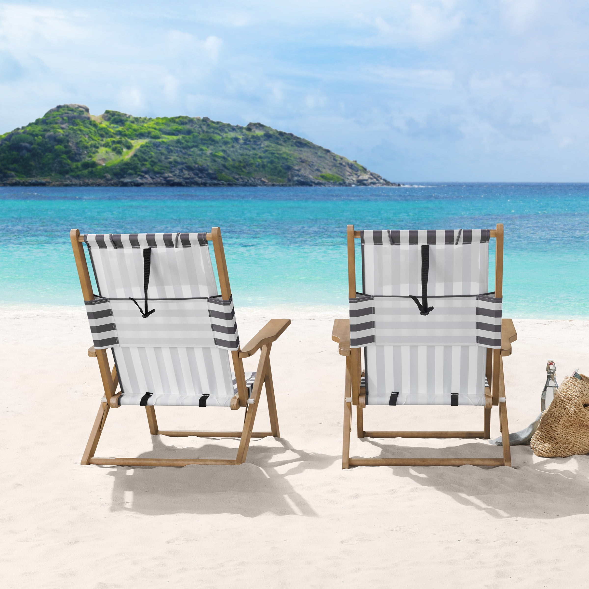 Lavish Home Set of 2 Folding Beach Chairs – 4-Position Recliners with Carry Straps, Gray Stripe