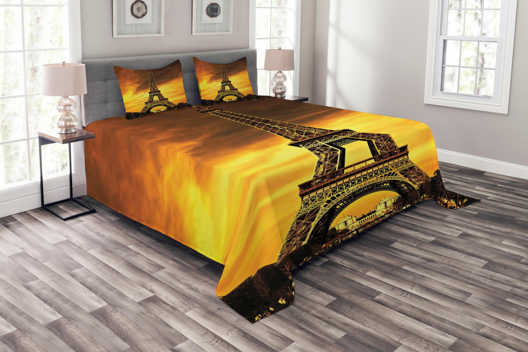 Paris Landmark Print Eiffel Tower Quilted Bedspread /& Pillow Shams Set