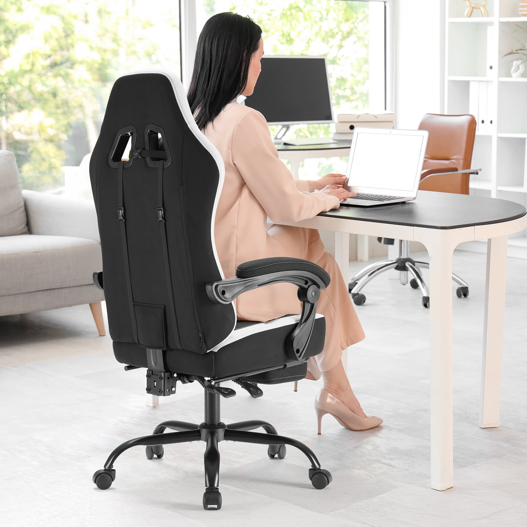 MCQ Computer Gaming Task Chair, High Back Ergonomic with Linkage Armrests, Footrest and Lumbar Support, 360° Swivel Wheels, Black