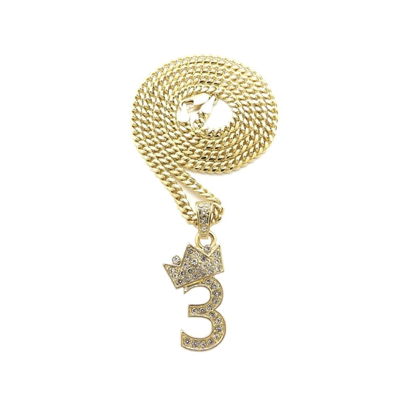 Stone Stud Tilted Crown Number Micro Pendant with 3mm Cuban Chain Necklace, #3/Gold-Tone/24"