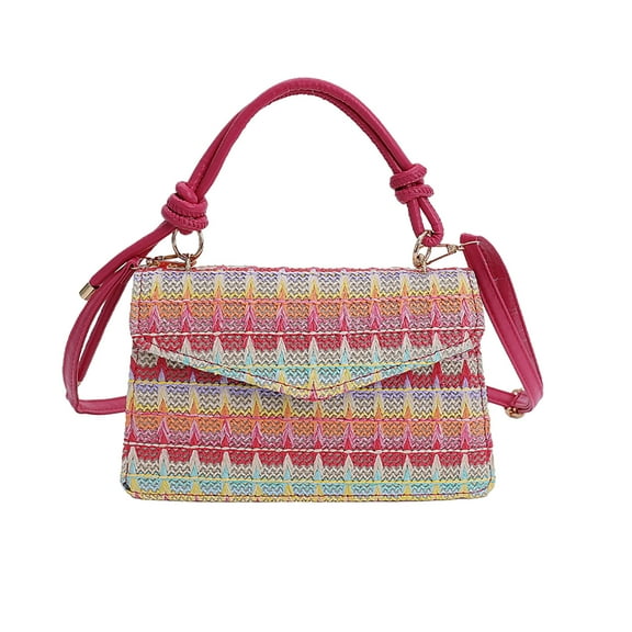 Women's Straw Woven Crossbody Bag, Contrast Color Striped Shoulder Purse, Small Handbag for Summer and Daily Use ( Hot Pink )