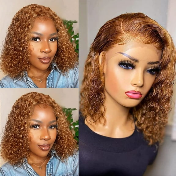 SUCS Short Curly Honey Blonde Bob Wig Lace Front Human Hair Wigs For Women Light Brown