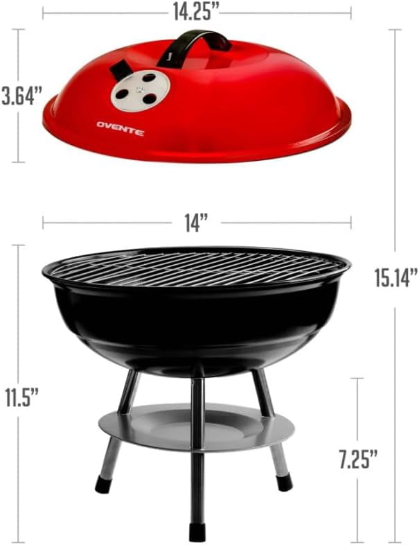 OVENTE 14-Inch Portable Charcoal Grill with Dual Venting System for Outdoor Cooking, Lightweight and Easy to Use Small Barbecue Griller for Backyard, Patio, Camping, Picnic and Parties, Red GQR0400BR