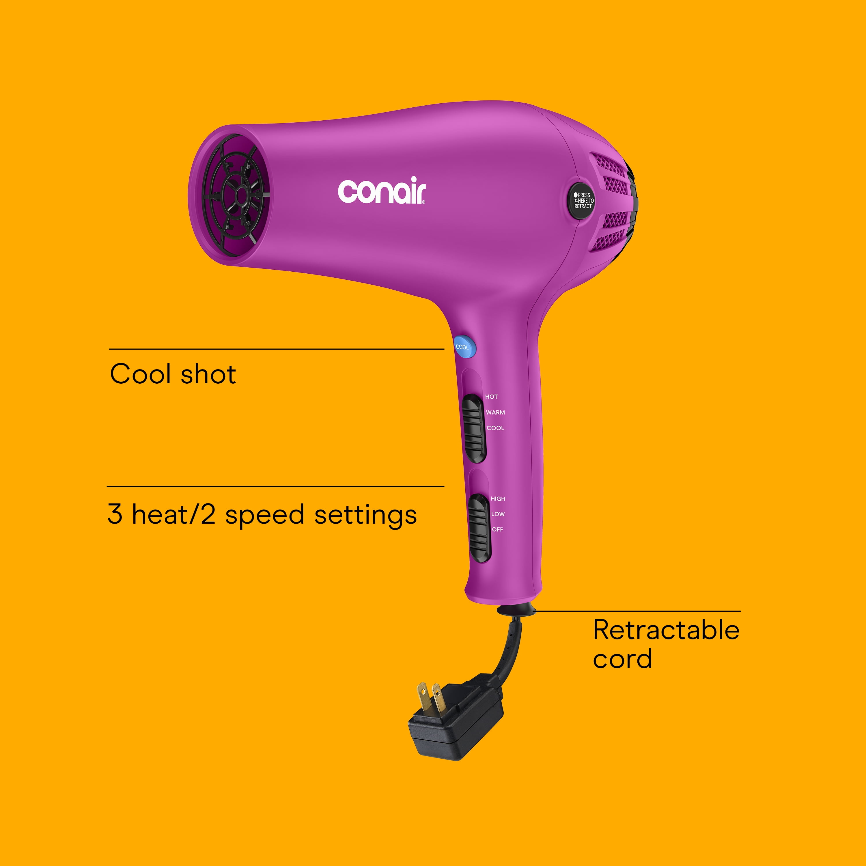 Conair Ionic Ceramic Cord-Keeper Hair Dryer, Retractable Cord, Diffuser and Concentrator