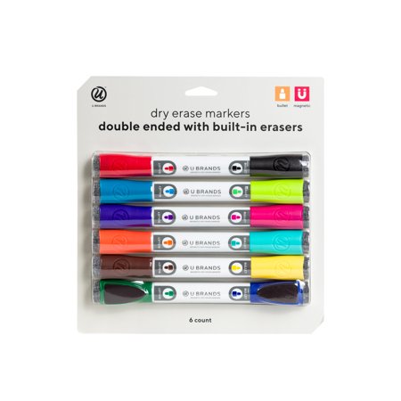 U Brands Low Odor Magnetic Double Ended Dry Erase Markers With Erasers, Bullet Tip, Assorted Colors,