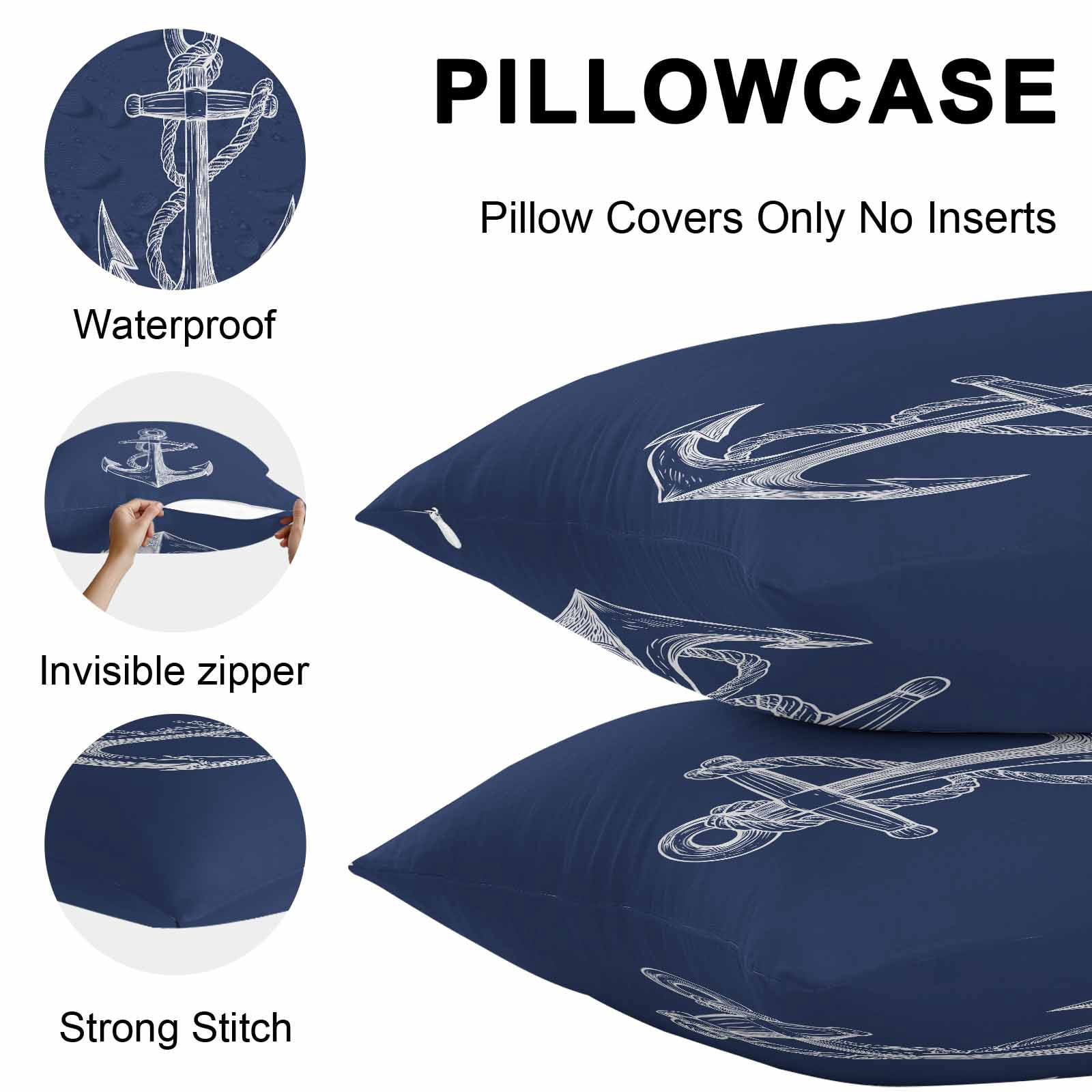 Throw Pillow Covers 16x16 Inch Set of 2, Nautical Anchor Waterproof Outdoor Pillow Covers, Navy Blue Coastal Marine Minimalist Rope Decorative Cushion Pillowcases for Couch, Sofa, Bed, Garden, Patio