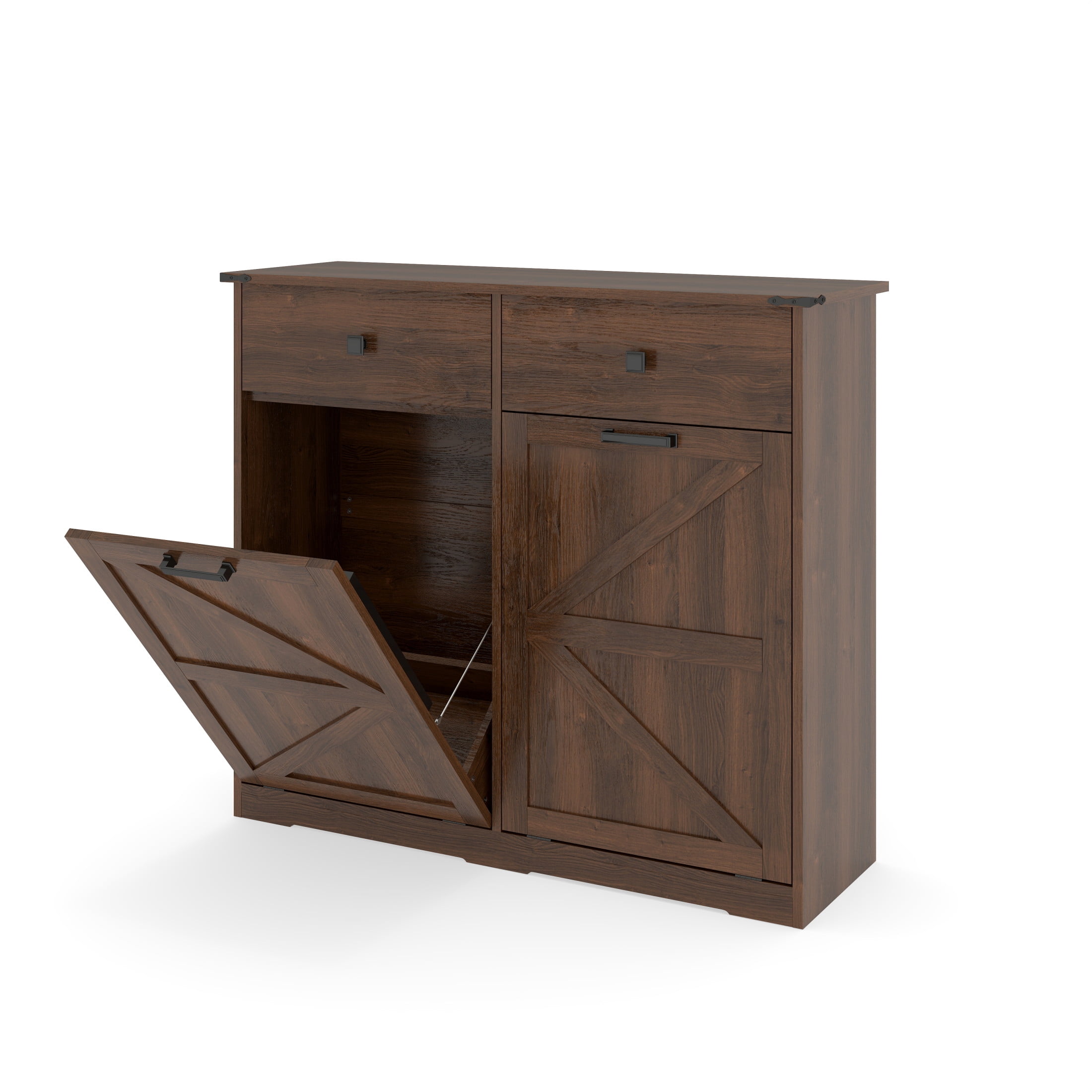 Noble House Farmhouse Double Tilt-Out Trash Cabinet with Drawers, Laundry Sorter Cabinet, Walnut