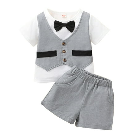 

B91xZ Toddler Boy Clothes Baby Print Girls Boys Fall Short Sleeve Patchwork Tshirt Bow Tie Shorts Outfits White Size 18-24 Months
