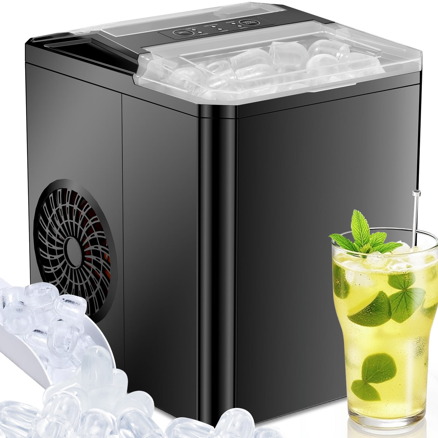 Ice Maker, 9 Cubes in 6 Mins, 26lbs/24Hrs, Portable Countertop Icemaker, Self Cleaning Quiet 2 Sizes, with Ice Scoop, for Home/Kitchen/Camping/RV, Black