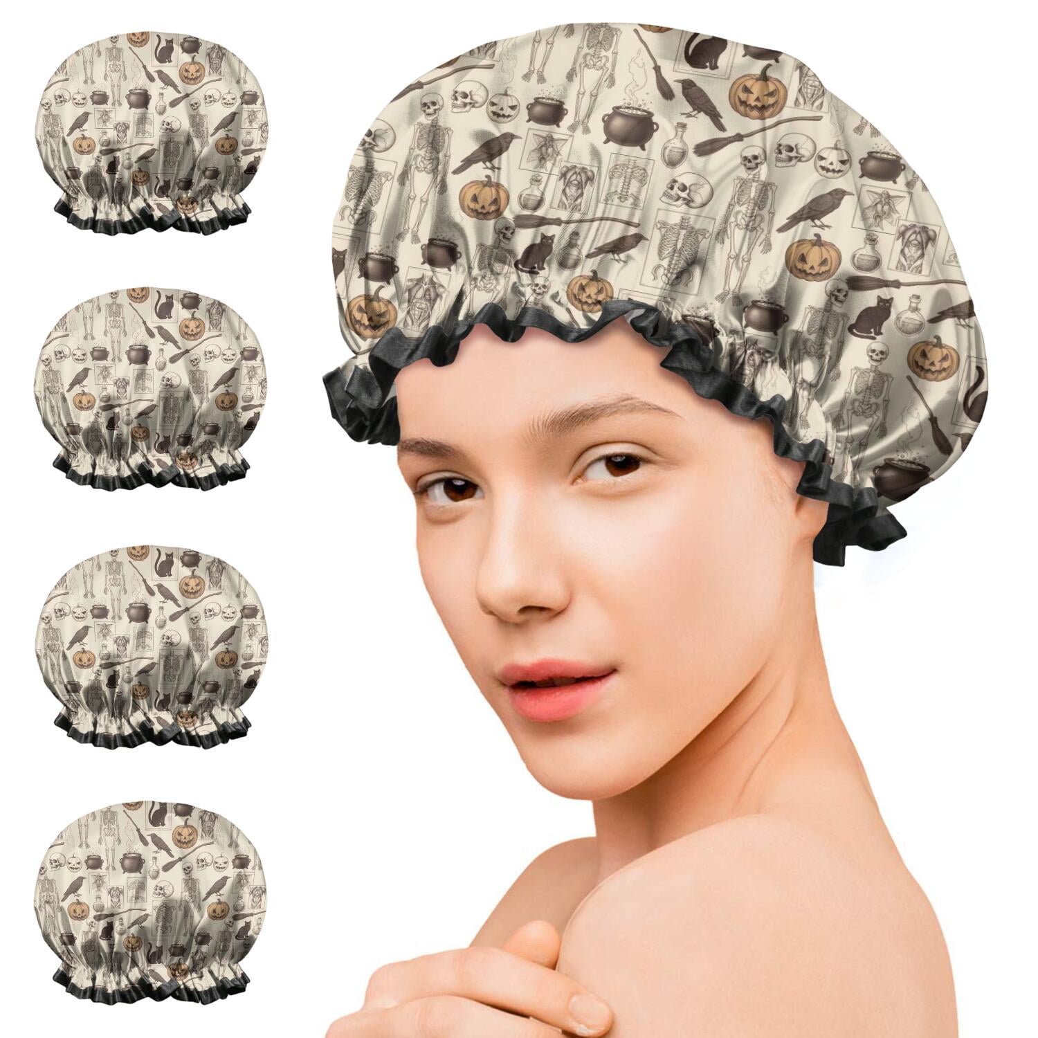 Shower Caps,Beige Halloween Skull Pumpkin Cat Pattern Waterproof Shower Cap for Women 4 Pieces,Double Reusable Hair Cover for Shower PEVA Elastic Stretch Hem