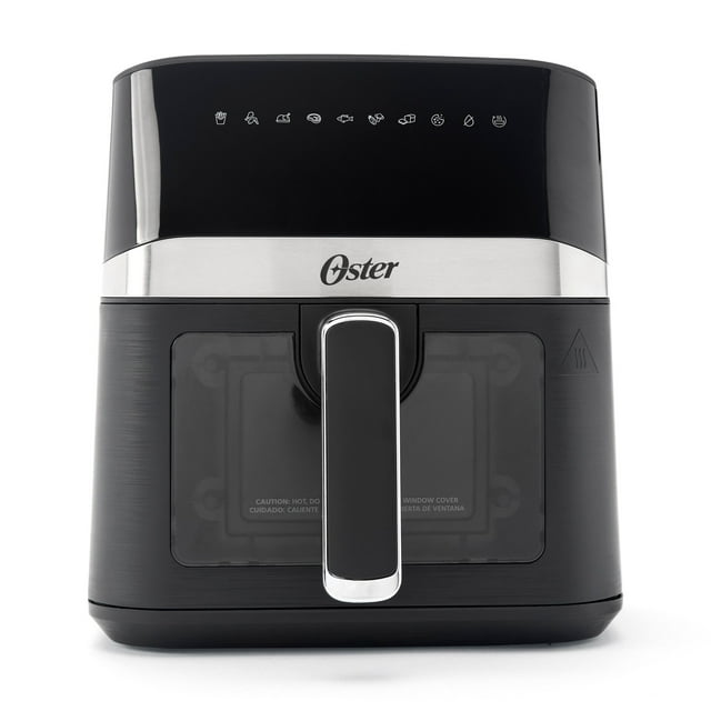 Oster 4 Quart digital air fryer in black with stainless steel trim, front window for monitoring food, and touch control icons on top.