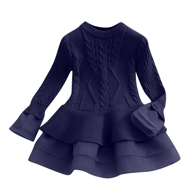 Odeerbi Vestido de Niña Suéter Otoño Invierno Algodón Vestido de Punto Color Sólido Manga Larga Vestido de Punto Malla Vestido de Tul